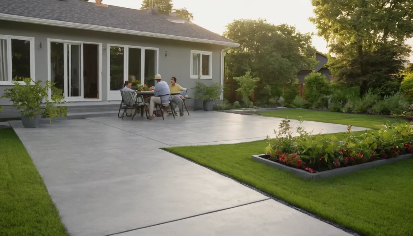New broom-finish concrete patio behind a home in North Prairie with outdoor chairs and a table